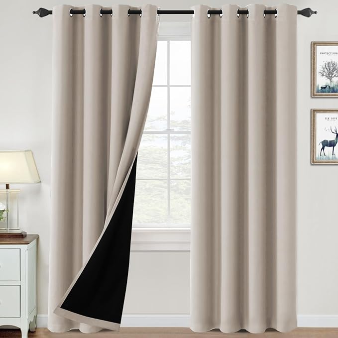 H.VERSAILTEX 100% Blackout Curtains for Bedroom Thermal Insulated Blackout Curtains 84 inch Length Heat and Full Light Blocking Curtains for Living Room with Black Liner 2 Panels Set, Natural
