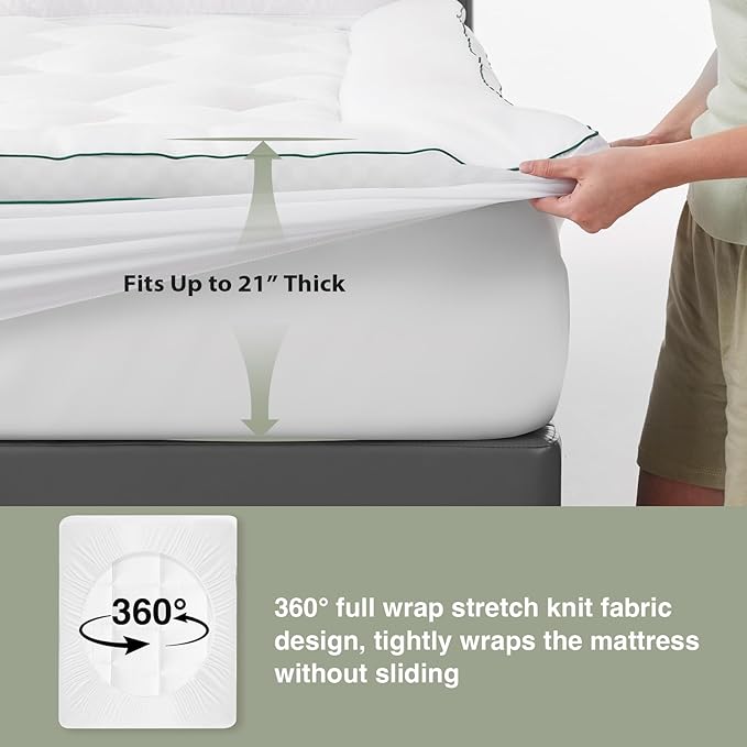 Novilla Twin Mattress Topper, Extra Thick Pillow Top Mattress Pad with Down Alternative, Breathable Mattress Cover with for 8-21", Machine Washable Fitted Mattress Protector – Green-White