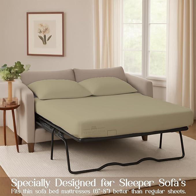 Sleeper Sofa 4 Piece Bed Sheet Set Premium Quality 100% Cotton 500 Thread Count, Smooth & Super Soft Sateen Weave, Extra Soft Bed Sheets, Wrinkle Free, 8 Inch Deep Pocket (Full, Beige)