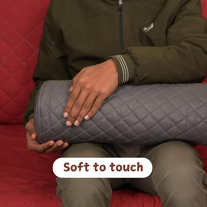 Neck Roll Pillow Cushion Cover, 14x5 Inch Full Moon Round Bolster Pillow Case, Cylinder Soft Lambskin Leather Pillowcase for Head, Spine & Neck Support During Sleep - Quilted Grey Pack of 1