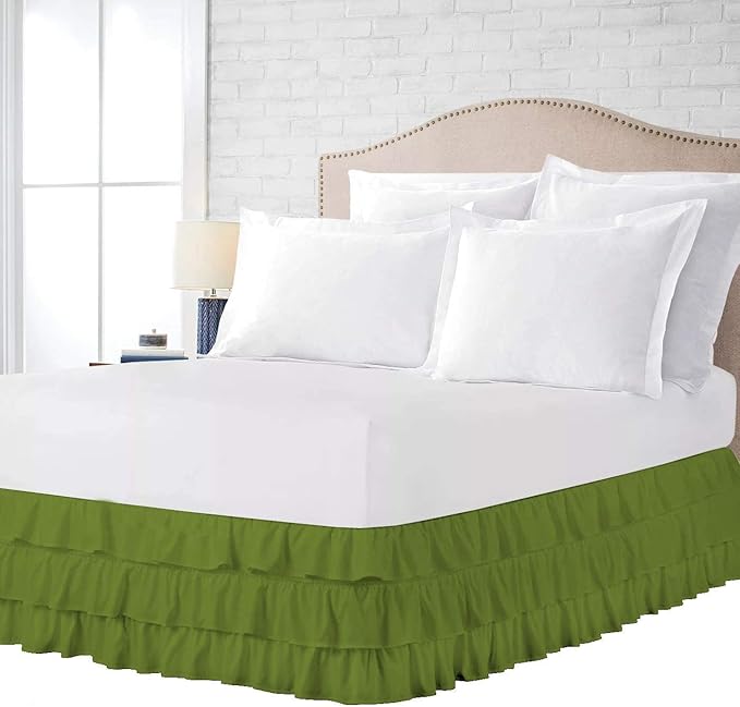Multi-Ruffle Bed Skirt, Soft Multi Elastic Dust Ruffles with Wrap Around Bed Skirt Easy Fit with 18 Inch Drop 100% Cotton 800 Thread Count (Full XL, Olive)