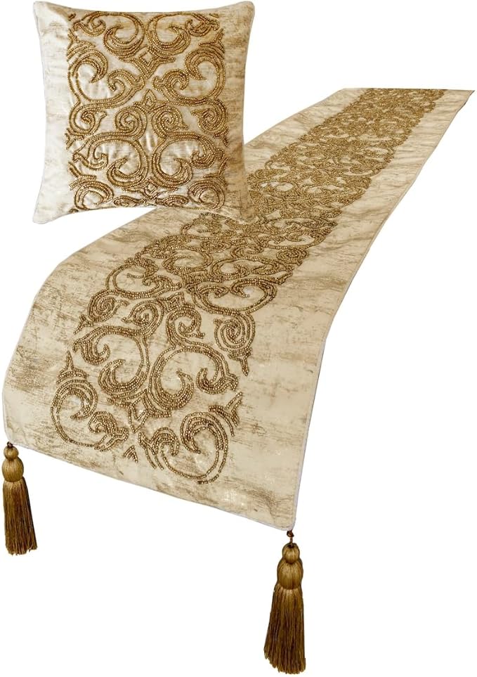 The HomeCentric King/Queen/Twin Gold Designer King 90"x18" Bed Runner with 2 Pillow Cover, Foil & Hand Beaded Embroidery Bed Scarf on Jacquard Fabric - Ornamento Oro