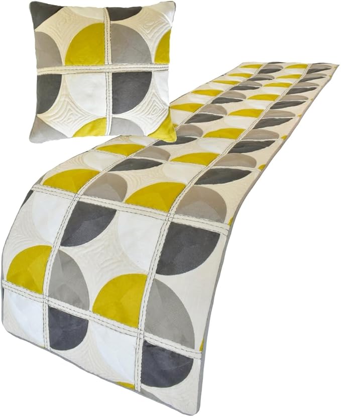 The HomeCentric King/Queen/Twin Yellow & Grey Luxury Twin 53"x18" Bed Runner Without Pillow Cover, Emboroidered, Quilted & Geometric Bed Scarf on Cotton Fabric - Geo Fusion