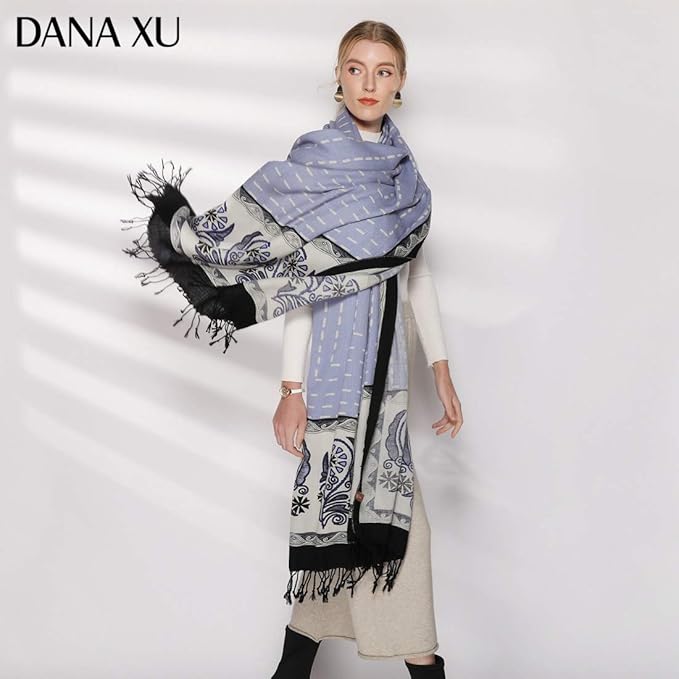 DANA XU 100% Merino Wool Pashmina Shawl for Women 96"x43", Oversized Cashmere Wrap with Tassels, Floral Travel Blanket Cape