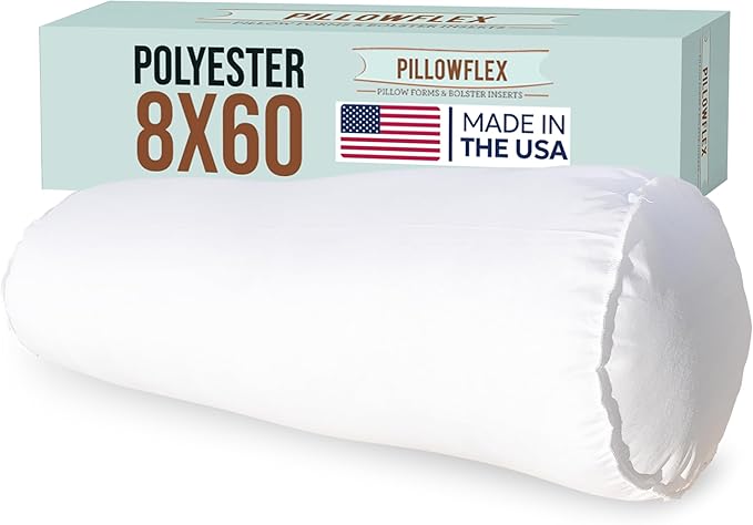 Pillowflex Bolster Pillow (8x60) - Round Roll Pillow Bolster Insert, Plush Polyester-Filled Insert for Decorative Shams, Odorless, Lint and Dust-Free Polyester Filling, No Lumps - (White)