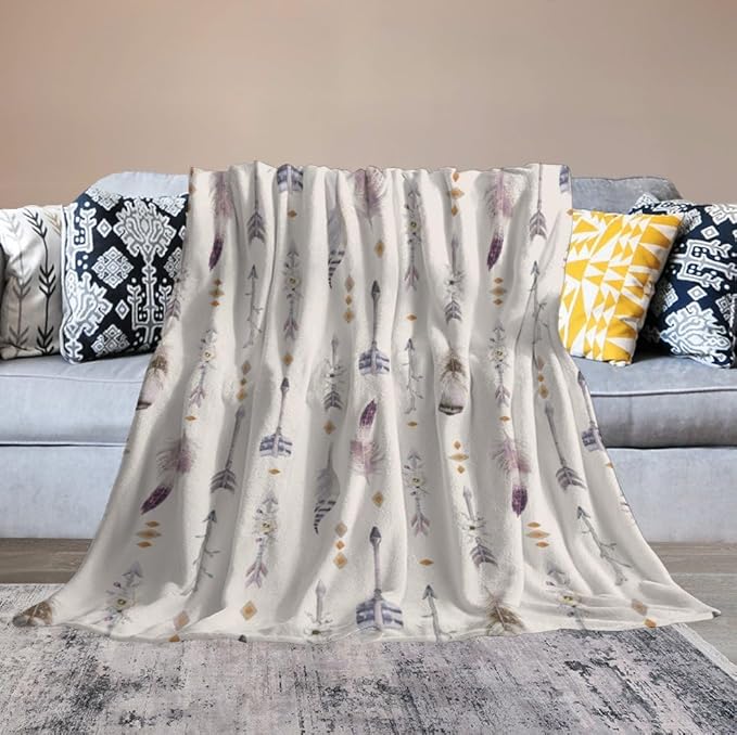 Boho Tribe Blanket, Bohemian Aztec Ethnic Tribe Native Tribal Arrows Feathers Print Pattern Throw Blanket for for Chair Bed Sofa Couch 40"x50"