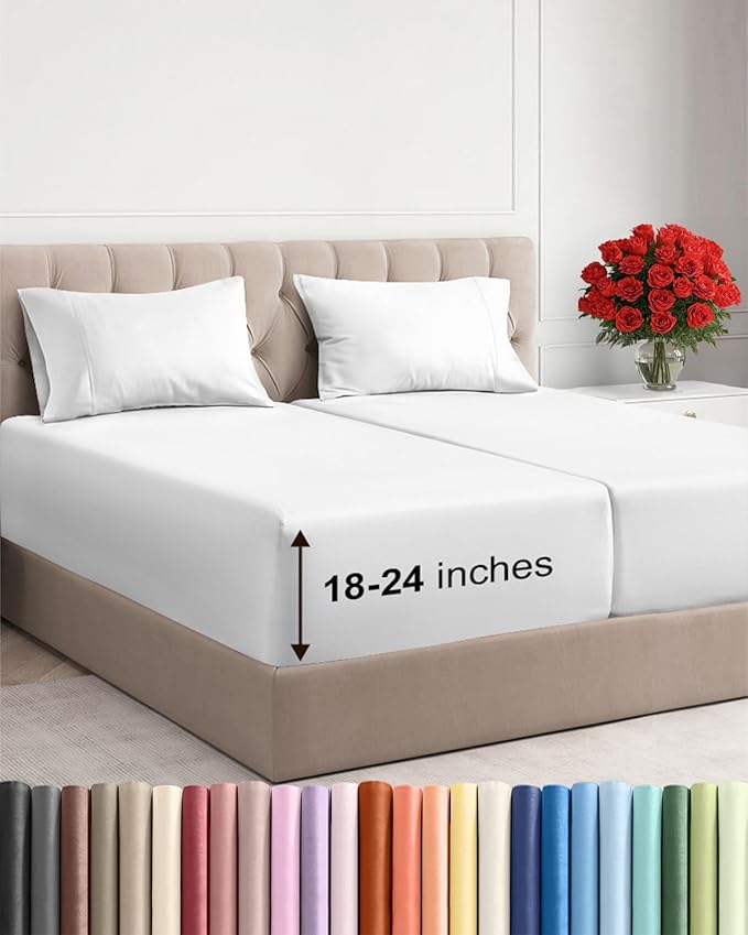 Extra Deep Pocket Split King Sheets - 5 Piece Breathable & Cooling Bed Sheets - Hotel Luxury Bed Sheet Set - Soft, Wrinkle Free & Comfy - Easily Fits Extra Deep Mattresses - Deep Pocket White Sheets