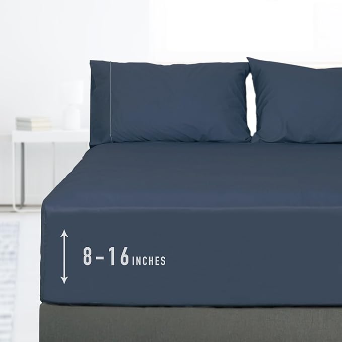 Sunflower Queen Fitted Sheet, 1-Piece Deep Pocket Fitted Bottom Sheet 16", 100% Cotton Sateen Soft Breathable, Blue Indigo