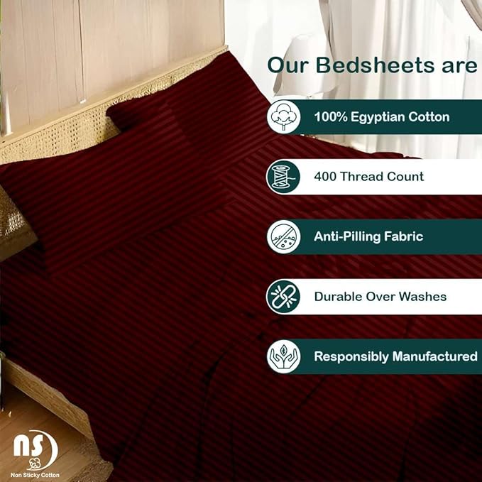 NON Sticky cotton Full Size Sleeper Sofa Sheets, 4 Piece Egyptian Cotton Bed Sheet Set for Sofa Bed, 8" Deep Pocket for Pull Out Couch Mattress, 54" x 75", Burgundy Stripe, Soft & Breathable