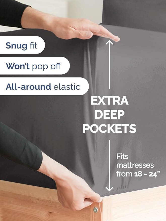 CGK Linens Extra Deep Pocket King Sheets - 4 Piece Breathable & Cooling Bed Sheets - Hotel Luxury Bed Sheet Set - Super Soft, Wrinkle Free and Comfy - Fits Extra Deep Mattresses - Dark Grey Sheets Set