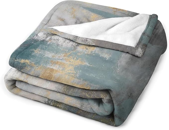 Fashion Gradient Blanket, Modern Art Baroque Gold Grey Green Painting Strokes Pattern Soft Warm Cozy Plush Flannel Covers for Livingroom Bedroom Couch Chair Camping Travel Home Decor Tapestry 40x50in