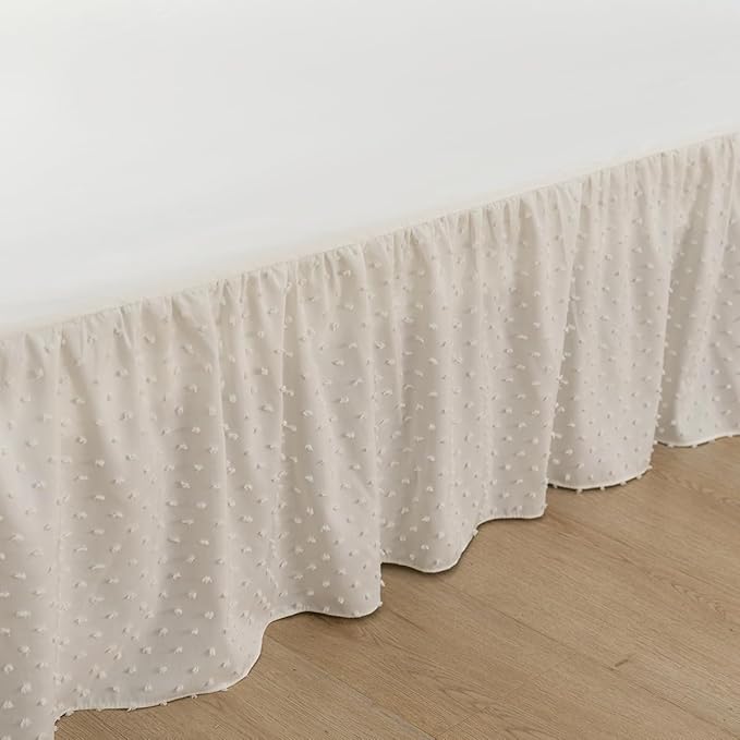Tufted Dot Bed Skirt Queen Size Ruffled Bed Skirt with Split Corners, 16 Inch Drop Dust Ruffle Bed Skirts with Platform, Ivory