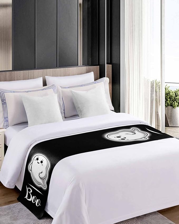 Halloween Cute Ghost Boo Bed Runners for Bedroom Hotel,Decorative Bedding Scarf Black and White Bed End Blanket Bedding Runner Scarves for Queen Size Bed,94x20in