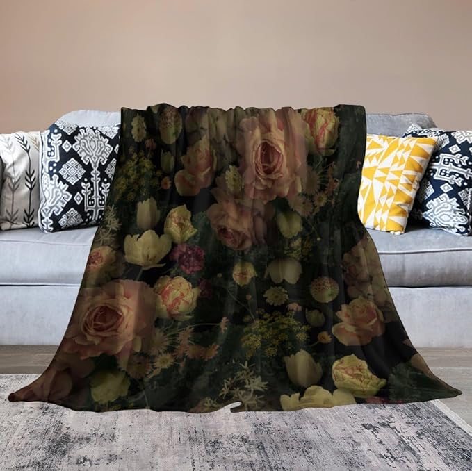Black Floral Blanket, Rustic Watercolor Botanical Rose Peony Vintage Leaves Plant Boho Gothic Print Throw Blankets for Bed Living Room Bedding Couch Soft Decor, 50"x60"