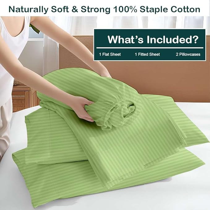NON Sticky cotton Full Size Sleeper Sofa Sheets, 4 Piece Egyptian Cotton Bed Sheet Set for Sofa Bed, 6" Deep Pocket Fitted Sheet for Pull Out Couch Mattress, 54" x 75", Sage Stripe, Soft & Breathable