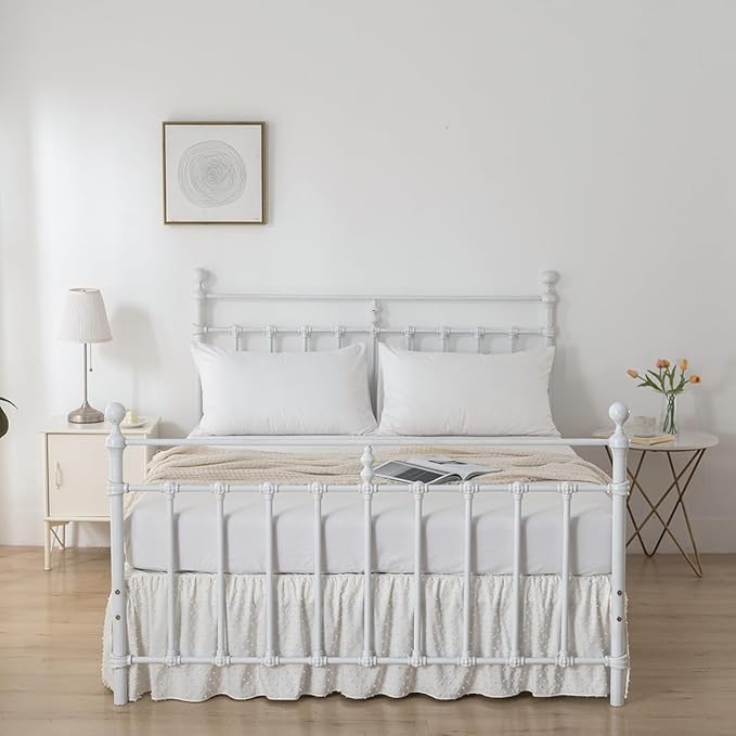 Tufted Dot Bed Skirt King Size Ruffled Bed Skirt with Split Corners, 18 Inch Drop Dust Ruffle Bed Skirts with Platform, Ivory