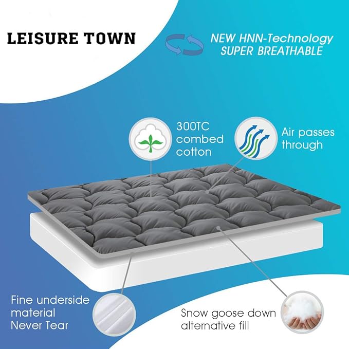LEISURE TOWN King Mattress Pad Fitted Quilted Cotton Mattress Cover Cooling Soft Pillow Top Mattress Topper with Down Alternative Filling Mattress Protector with 8-21 Deep Pocket (78x80 Inche Grey)