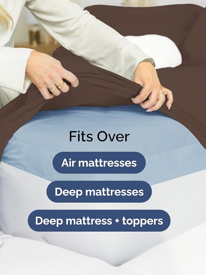 Extra Deep Split King Fitted Sheet - Hotel Luxury Single Fitted Sheet Only - Easily Fits 18 inch to 24 inch Mattress - Ultra Soft, Wrinkle & Fade Free w/Extra Deep Pocket - Breathable & Comfy - Brown
