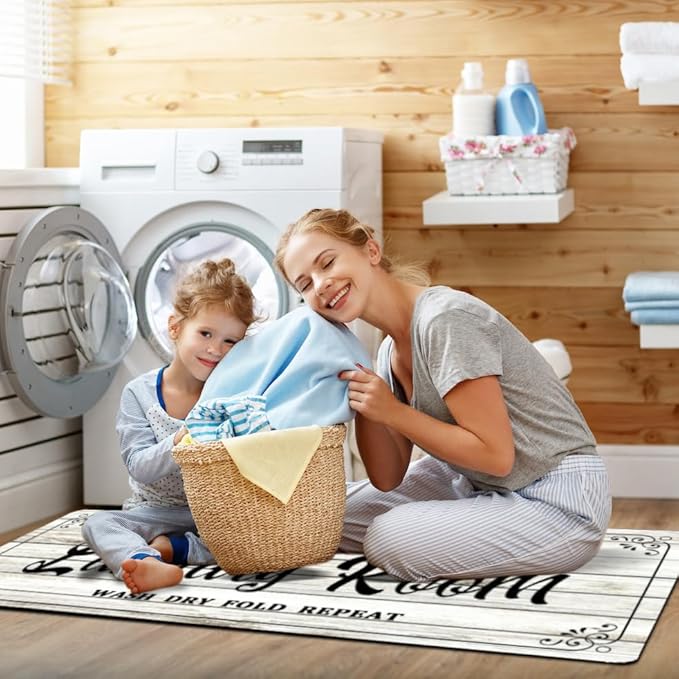 Laundry Room Rug Non Slip Floor mats Farmhouse Large Laundry Rugs for Laundry Runner Room Mat Washer and Dryer Carpet Laundry Room Decor 24x72inch(White)