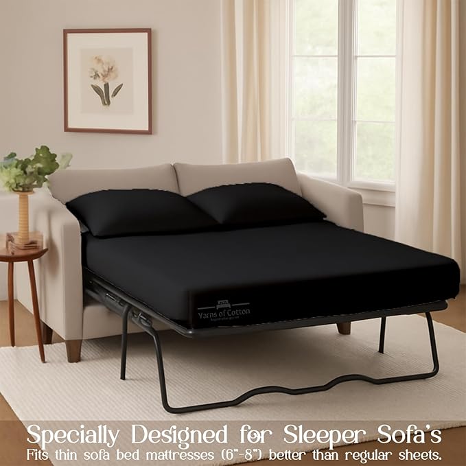 Sleeper Sofa 4 Piece Bed Sheet Set Premium Quality 100% Cotton 500 Thread Count, Smooth & Super Soft Sateen Weave, Extra Soft Bed Sheets, Wrinkle Free, 4 Inch Deep Pocket (Queen, Black)
