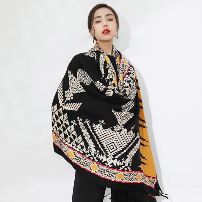 DANA XU 100% Merino Wool Pashmina Shawl for Women 96"x43", Oversized Cashmere Wrap with Tassels, Floral Travel Blanket Cape