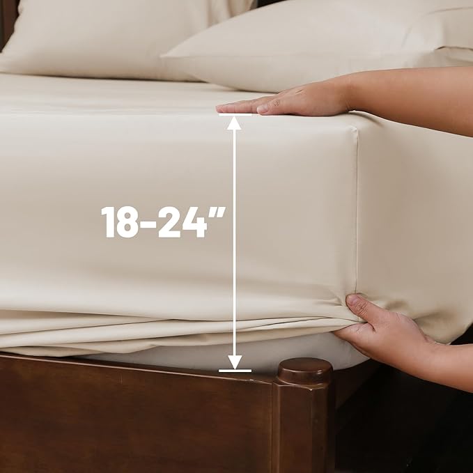 Extra Deep Pocket Queen Sheets 18-24 Inch 100% Egyptian Cotton 1000 Thread Count Sateen Weave Soft Breathable 4 Pieces（Queen,Linen）