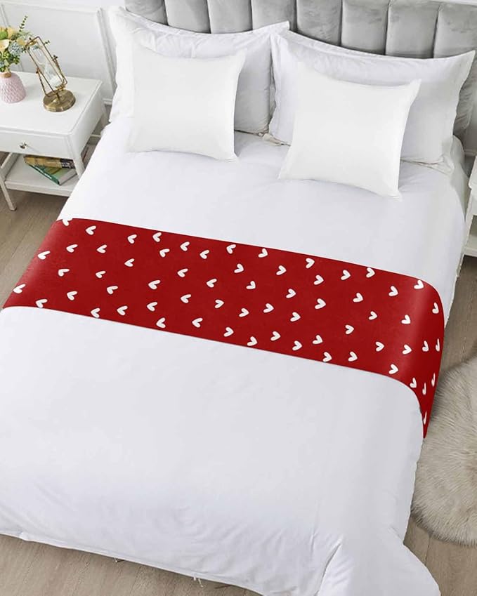 Valentine's Day White Love Hearts Bed Runners for Bedroom Hotel,Decorative Bedding Scarf Sweetheart and Quote on Red Bed End Blanket Bedding Runner Scarves for Twin Size Bed,71x20in