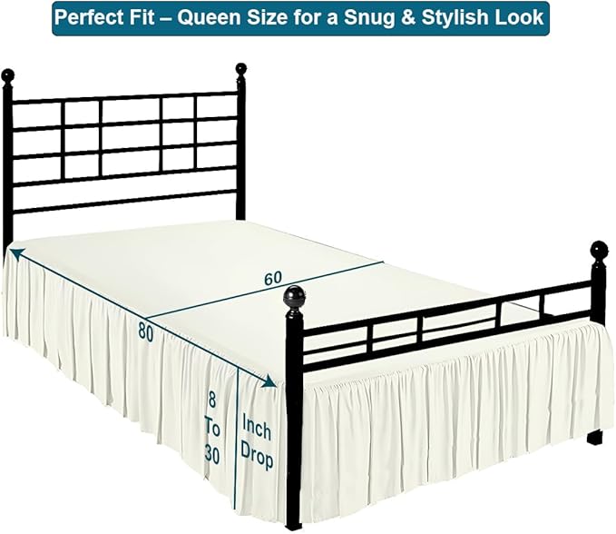 Shreem Linen Ruffled Bed Skirt with Split Corners, Gathered Style, 100% Microfiber, 30-Inch Drop, Dust Ruffle Bedskirt with Platform, Queen, Ivory