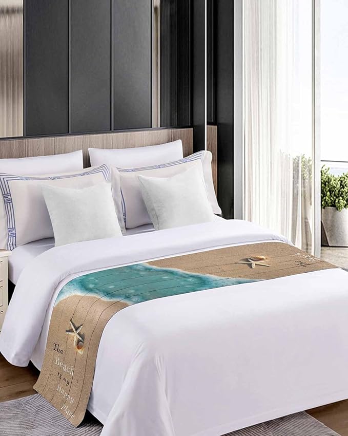 Coastal Ocean Starfish and Shell Sand Bed Runners for Bedroom Hotel,Decorative Bedding Scarf The Beach is My Happy Place Bed End Blanket Bedding Runner Scarves for King Size Bed,102x20in