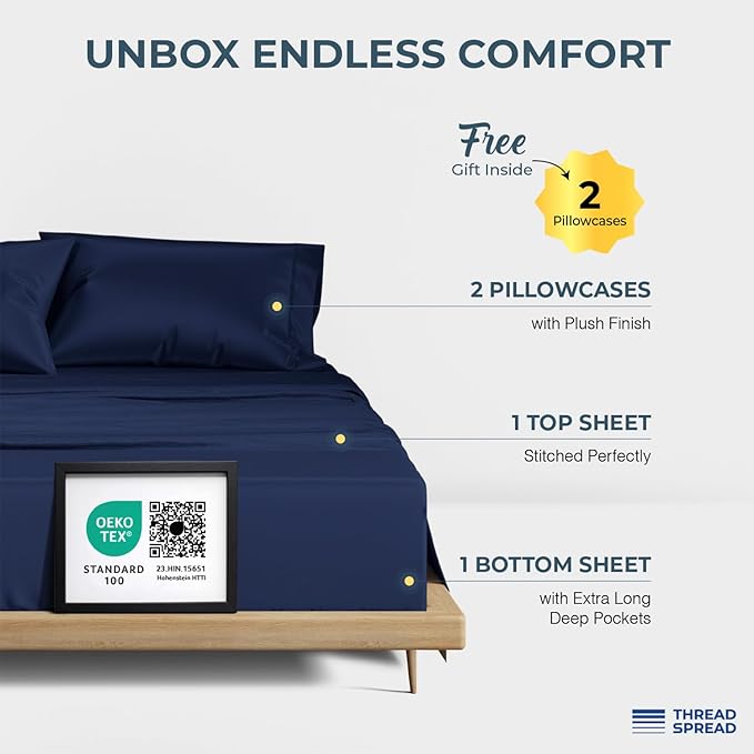 THREAD SPREAD 100% Egyptian Cotton Sheets Queen Size - 1500 Thread Count 4 PC Queen Sheet Set Egyptian Cotton, Sateen Luxury Sheets Queen Size, High Thread Count Sheets, 17" Deep Pocket - Navy Blue