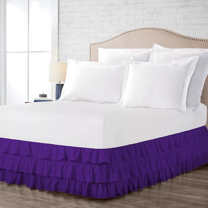 Multi-Ruffle Bed Skirt, Soft Multi Elastic Dust Ruffles with Wrap Around Bed Skirt Easy Fit with 18 Inch Drop 100% Cotton 800 Thread Count (Twin, Purple)