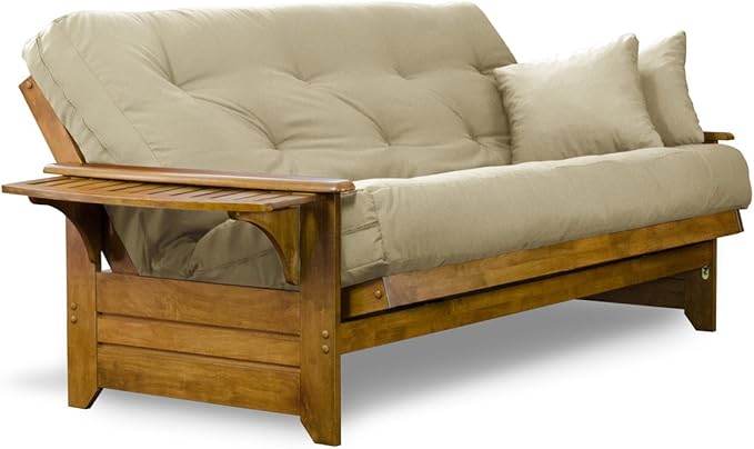 Nirvana Futons Brentwood Tray Arm Futon Sofabed Set - Full Frame, 8" Thick Ivory Mattress, Rich Heritage Finish