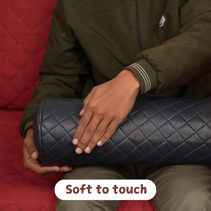 Neck Roll Pillow Cushion Cover, 16x7 Inch Full Moon Round Bolster Pillow Case, Cylinder Soft Lambskin Leather Pillowcase for Head, Spine & Neck Support During Sleep - Quilted Gun Metal Blue Pack of 2
