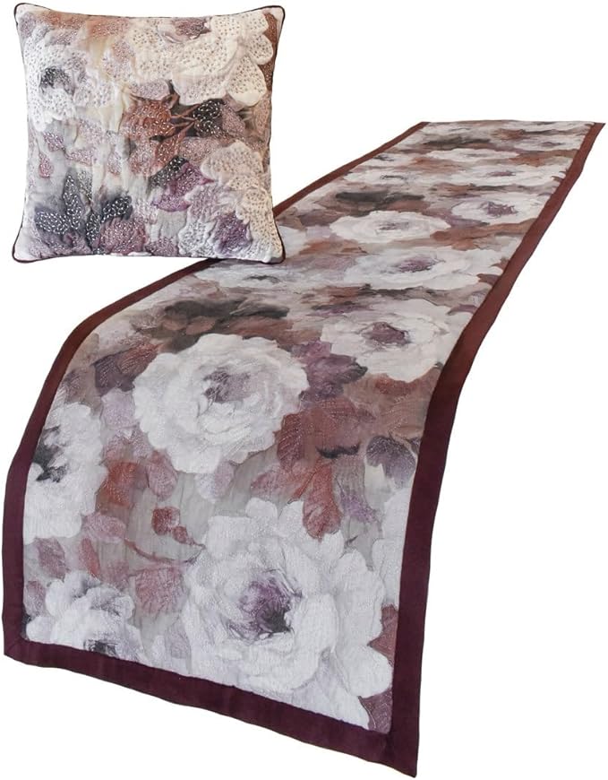 The HomeCentric King/Queen/Twin Purple Decorative King 90"x18" Bed Runner with Two Pillow Cover, Floral, Roses, Bead Embroidery & Handmade Bed Scarf on Jacquard Fabric - Wood Rose