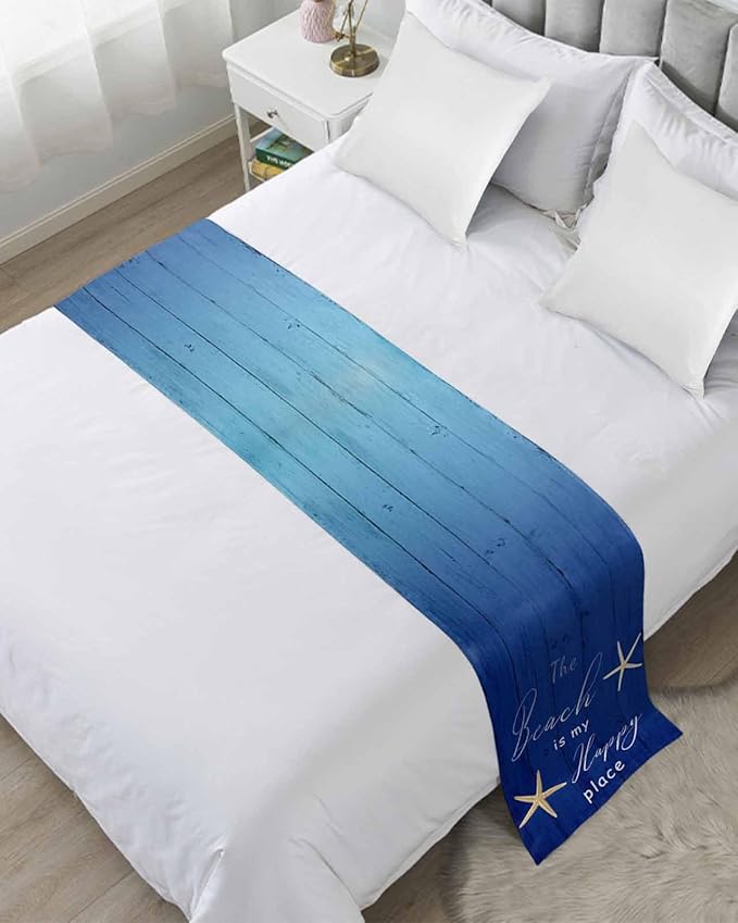 Happy Beach Place Marine Starfish Bed Runners for Bedroom Hotel,Decorative Bedding Scarf Gradient Blue Wood Grain Bed End Blanket Bedding Runner Scarves for Twin Size Bed,71x20in