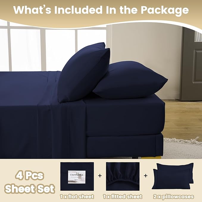 Lightweight King Sheet Set - 4 Piece Silky Soft Breathable Bed Sheet & Pillowcase Set, 16" Deep Pocket Hotel Luxury Wrinkle Free Easy Care Bedding Sheets, Dark Blue
