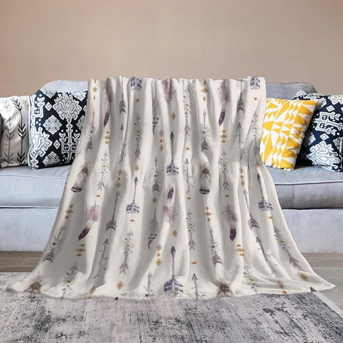 Boho Tribe Blanket, Bohemian Aztec Ethnic Tribe Native Tribal Arrows Feathers Print Pattern Throw Blanket for for Chair Bed Sofa Couch 50"x60"