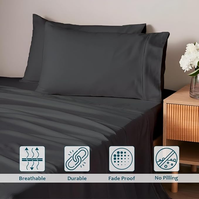 XL Twin Sheets Set - Luxury 338 Thread Count 100% Egyptian Cotton Sateen, Twin XL Sheet Set with All Around Elastic for a, Hotel Quality Bedding (Dark Grey Solid)