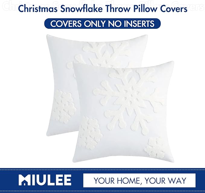 MIULEE Pack of 2 Christmas Decorative Snowflake Throw Pillow Covers Canvas Embroidery Winter Cushion Cases Holiday Decor Soft Pillowcases for Winter Couch Sofa Bedroom Car（White, 18x18in）