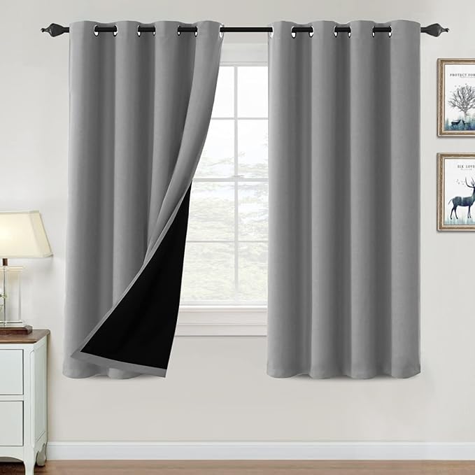 H.VERSAILTEX 100% Blackout Curtains for Bedroom Thermal Insulated Blackout Curtains 63 inch Length Heat and Full Light Blocking Curtains for Living Room with Black Liner 2 Panels Set, Dove Gray