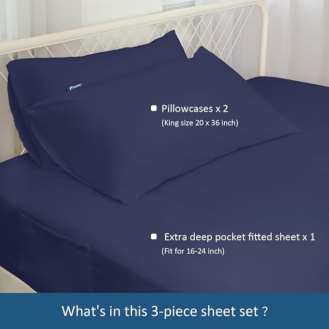 Moonsea King Size Sheets Set for Air Mattress - Deep Pocket King Sheet Set - 3Pcs Side Storage Pocket Fitted Sheet & Pillowcases Easily Fits 16in to 24in Pillow Top Air Bed Mattress - Navy Blue