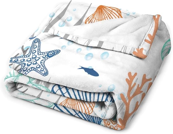 Nautical Coastal Blanket, Starfish Seashell Coral Beach Themed Drapes Ocean Orange Blue Teal Conch Print Throw Blankets for Sofa Couch Bed Room Birthday Decor, 50"x60"