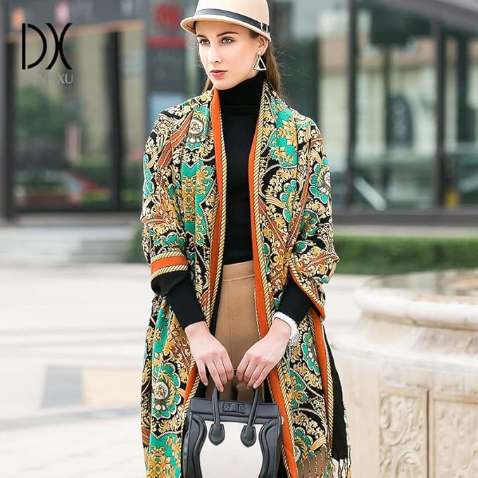 DANA XU 100% Merino Wool Extra Large Pashmina Blanket Travel Scarf Cashmere Wrap for Women Fall Winter Oversize Shawl Floral