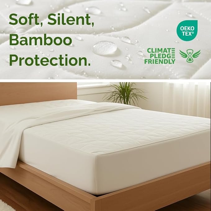 Waterproof Cooling Mattress Protector - Mattress Cover Full Size Bed - Viscose Made From Bamboo - Soft, Breathable, Noiseless & Washable - Fitted Sheet Style & All Round Protection - (54" x 75") White