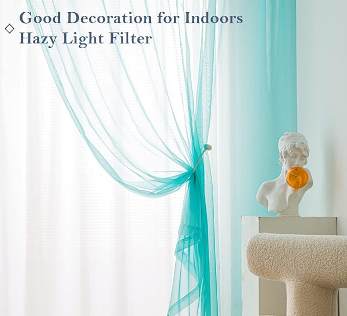 PI Teal Sheer Curtains with Rings Top,Lightweight Voile Textured,Casual Window Backdrop for Boys Room/Porch 2 Panels (W52 X L95, Lake Blue)