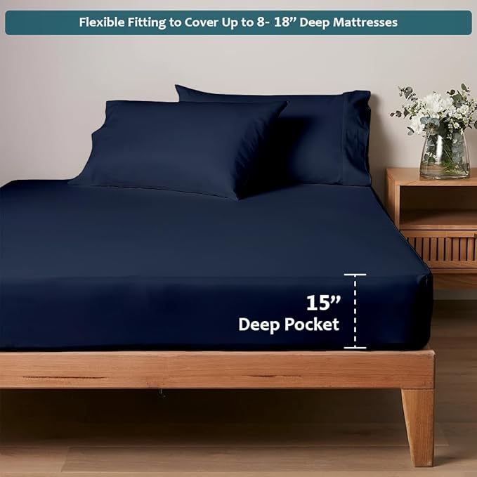 Olympic Queen Sheet Set – 100% Egyptian Cotton, 338 Thread Count – 4-Piece Luxury Super Queen Sheets – Soft & Breathable – 16” Deep Pocket Fitted Sheet, 1 Flat Sheet, 2 Pillowcases (Navy Blue Solid)