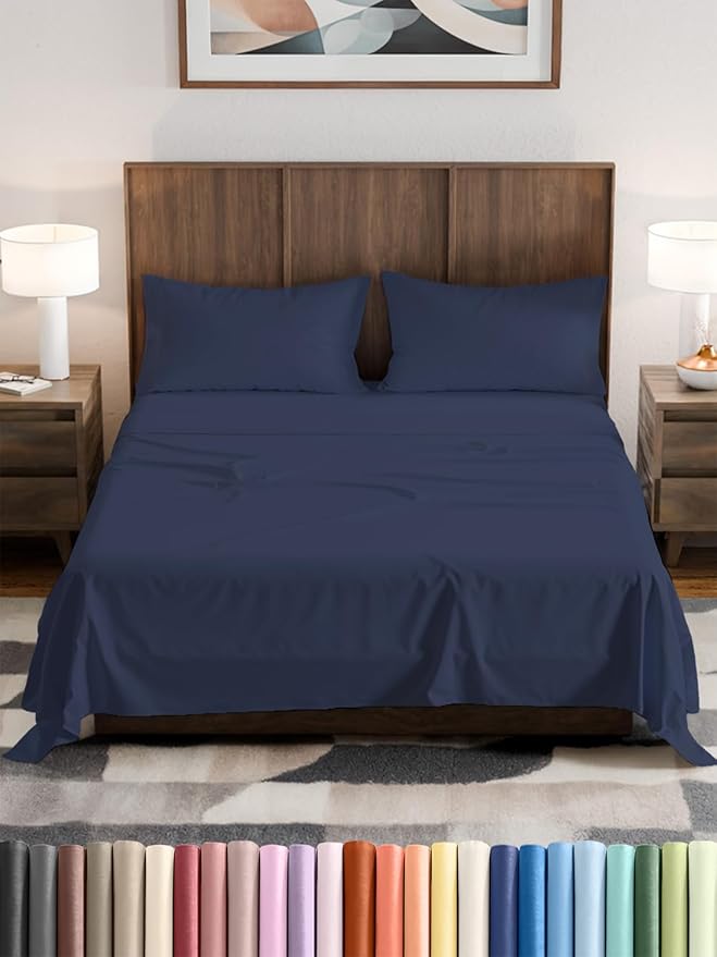 Olympic Queen Sheet Set 66x80 - 4 Piece RV Olympic Queen Size Sheets - Soft, Breathable & Cooling - Fits 14” to 16" Mattress w/ Deep Pockets - Comfy Luxury Bedding - Fade & Wrinkle Free - Navy Blue