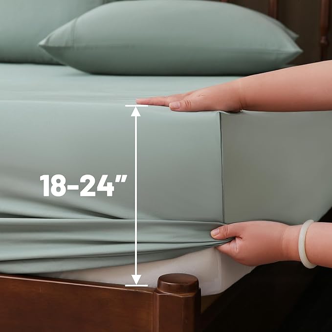 Extra Deep Pocket Queen Sheets 18-24 Inch 100% Egyptian Cotton 1000 Thread Count Sateen Weave Soft Breathable 4 Pieces（Queen,Sage Green）