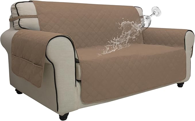 Easy-Going Waterproof Oversized Loveseat Covers Leakproof Couch Cover for 2 Cushion Couch Sofa Cover Washable Sofa Slipcover Non-Slip Furniture Protector with Pocket for Pets (Medium-XL, Camel)