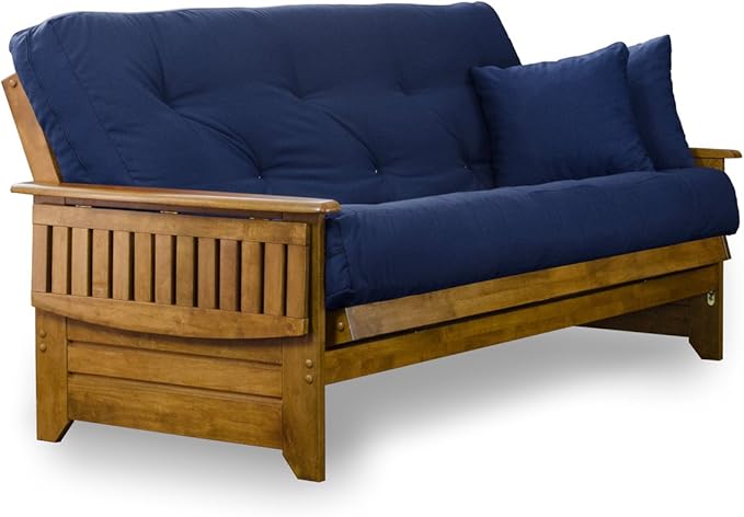 Nirvana Futons Brentwood Tray Arm Futon Sofabed Set - Queen Frame, 8" Navy Blue Mattress, Rich Heritage Finish